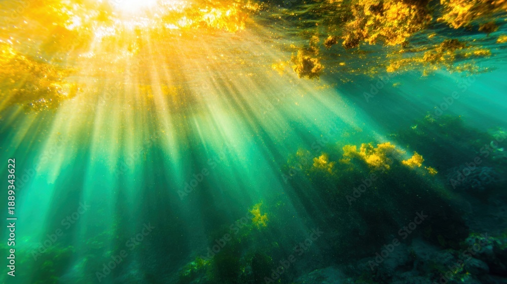 Obraz premium Sunlight shines through water with plants below in ocean scene