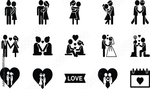 Romantic couple silhouette icons depicting various stages of relationship from dating to wedding ceremony including hugging kissing proposal and family moments for love themed graphic design