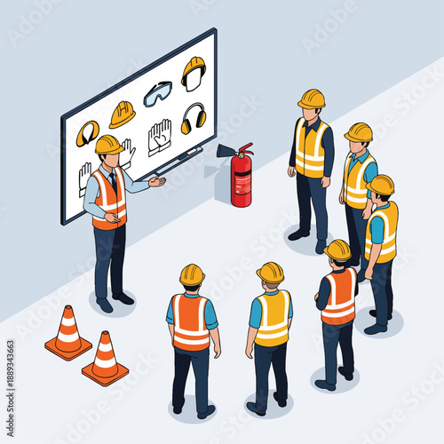 Industrial safety training session with worker wearing personal protective equipment and fire extinguisher.