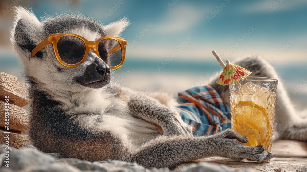 Fototapeta premium Relaxed lemur on the beach wearing sunglasses and sipping a lemon cocktail