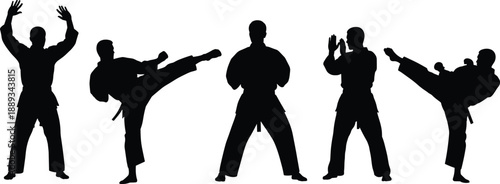 Silhouetted martial artists performing diverse poses in traditional uniforms, showcasing discipline, strength, agility, combat techniques, and cultural heritage