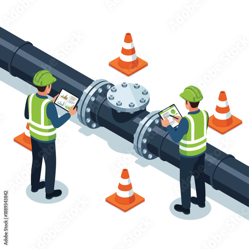 Industrial workers inspecting pipeline with tablets, safety cones, and charts on tablet for data analysis.