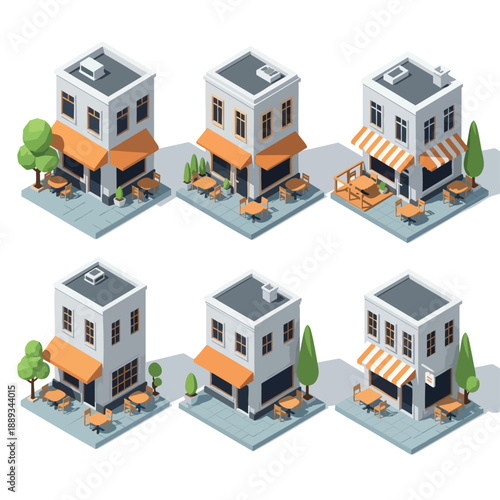 Isometric Cafe and Restaurant Buildings with Outdoor Seating and Greenery - Commercial Vector Set.