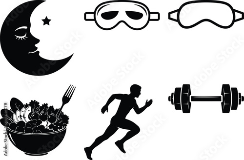 Healthy lifestyle icons featuring night sleep mask moon salad bowl running athlete and heavy barbell symbols for fitness nutrition and recovery planning on transparent checkered background