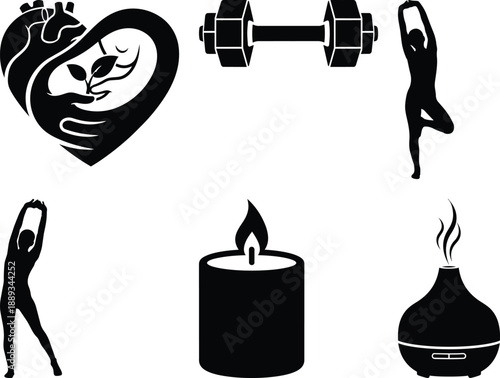 Relaxation and wellness silhouette icon collection with heart anatomy candle yoga poses diffuser and weightlifting symbols promoting holistic self care and physical health on transparent base