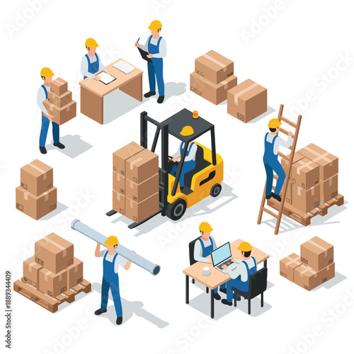 Warehouse and Logistics Operations: Isometric Illustration of Workers and Forklift in a Shipping and Delivery Environment.