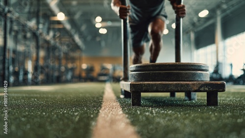Athlete Pushing Weighted Sled on Gym Turf | Athletic Performance & Strength Training | Authentic Action Stock Photo with Copy Space