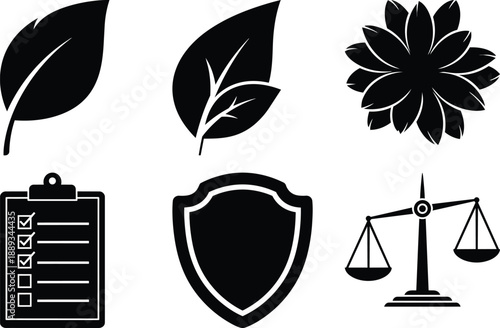 Business and natural environment icon set including organic leaves floral shapes checklist clipboard shield protection and justice scales symbols for ecological corporate branding themes
