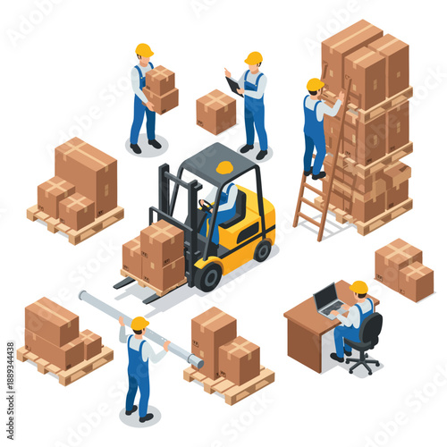 Warehouse workers and forklift operating with shipping boxes and pallets, logistic industry concept.