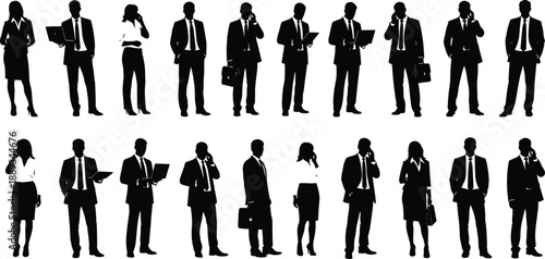 Silhouetted business professionals in formal attire standing, gesturing, holding briefcases, using mobile phones, representing teamwork, communication, and workplace diversity