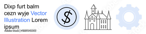 Business development, finance, historical preservation, technical systems, investment, engineering. Circular dollar sign, castle and gear elements. Finance and business development