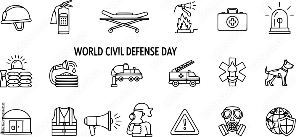 Fototapeta premium World Civil Defense Day Icons: Safety, Emergency, Protection Rescue Symbols - Vector Graphics
