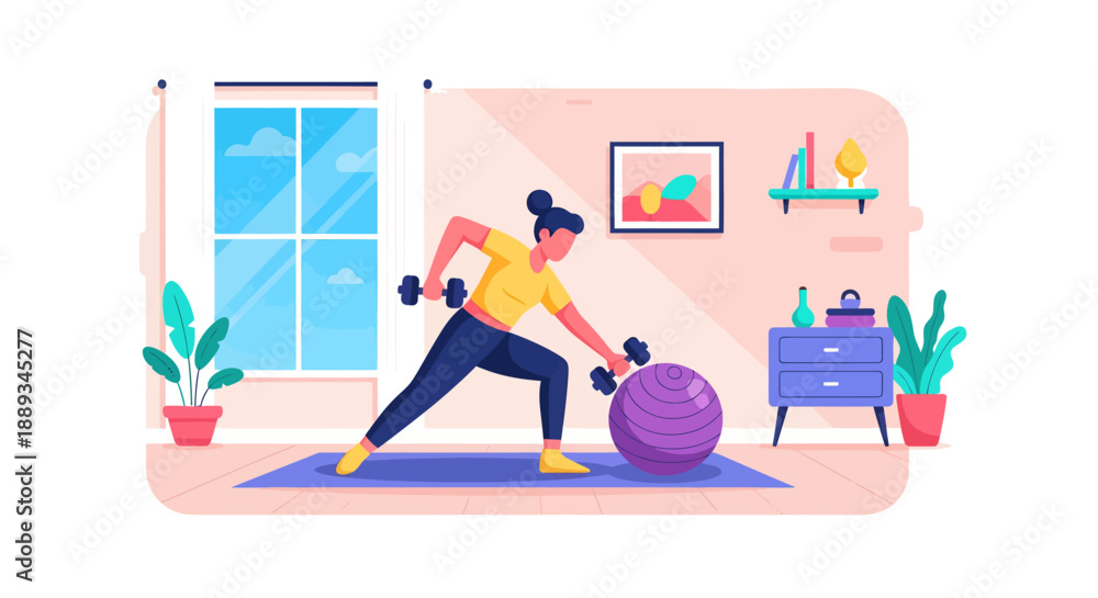 Obraz premium vector flat 2d Woman exercising with dumbbells and a large purple stability ball during a home workout session in a bright, modern room.