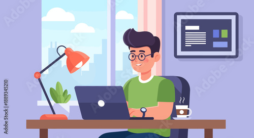 vector flat 2d  Smiling young man with glasses types on a computer at a desk in a bright room with a window showing a city skyline outside.