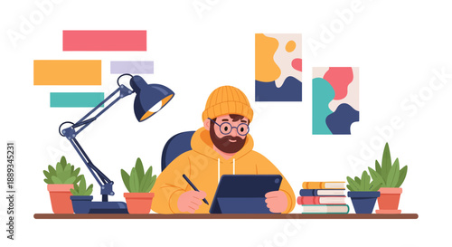 vector flat 2d  Bearded designer wearing a yellow beanie sketches intently on a digital tablet while sitting at a desk surrounded by potted plants and modern art.