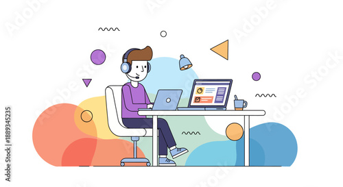 vector flat 2d  Customer support agent wearing a headset works diligently on dual laptops while surrounded by abstract colorful shapes and digital interface elements.