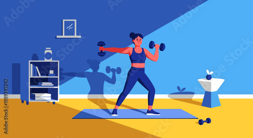 vector flat 2d Fit woman exercises with dumbbells during a home workout session standing on a blue mat against a boldly colored blue and yellow interior background.