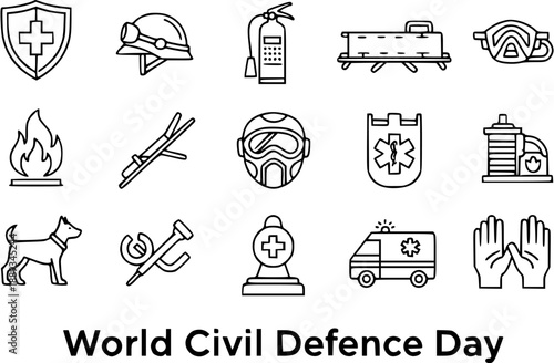 World Civil Defence Day Icons: Safety, Rescue, and Emergency Preparedness Symbols