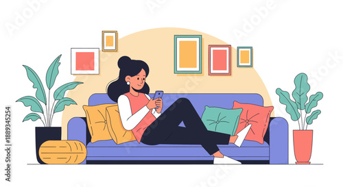 vector flat 2d  Young woman relaxes comfortably on a large sofa while intently looking at the screen of her mobile phone indoors.