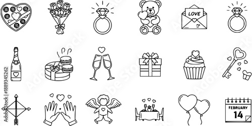 Valentine's Day and Love Outline Icons Set. Romantic symbols collection with hearts, gifts, flowers, rings, champagne, chocolates, cupid, balloons, and date elements.