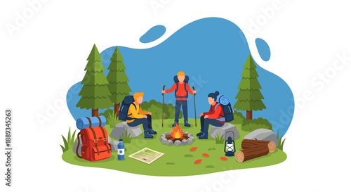 vector flat 2d  Three hikers with backpacks and trekking poles sit around a small campfire in a forest clearing, resting after a long journey outdoors.