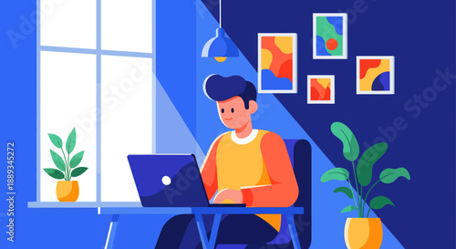 vector flat 2d  Young man sitting at a desk working intently on a laptop computer in a dimly lit room illuminated by strong side window light and modern wall art.