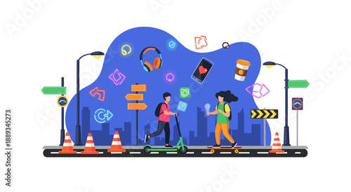 vector flat 2d  Young man riding an electric scooter and a woman standing with a phone navigate a busy city street filled with floating digital icons and street signs.