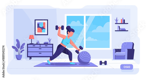 vector flat 2d  Active woman performs lunges while holding weights next to a large exercise ball inside a pastel-colored apartment with natural light from a window.