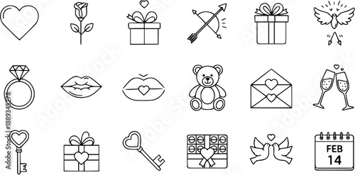 Valentine's Day Love Icons Set. Hand-drawn outline doodles featuring hearts, roses, gifts, cupid's arrow, diamond ring, lips, teddy bear, love letter, and champagne.