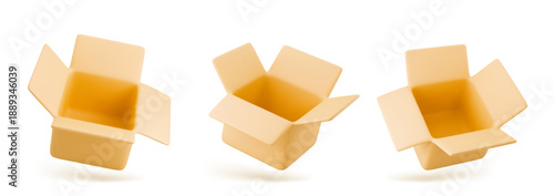 3D cardboard box icon set. Render delivery cargo box. 3d realistic vector