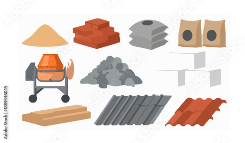Flat construction materials vector set building supplies illustration