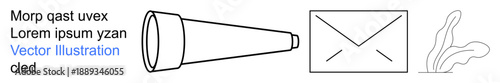 Communication, navigation, exploration, creativity, messaging, search. A telescope, an envelope and a flowing artistic shape in linear style. Communication and navigation illustrated