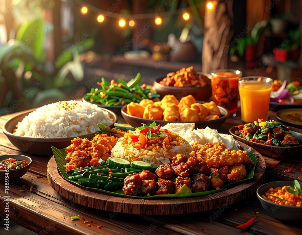 Fototapeta premium A vibrant display of various Southeast Asian dishes on a wooden table, surrounded by lush greenery and warm string lights in the background.