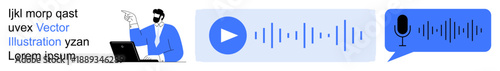 Audio communication, voice technology, digital media, sound production, podcasting, online interaction. Man pointing with laptop, sound wave and microphone icons. Audio communication and voice