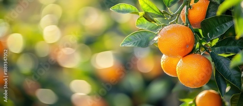 Vibrant ripe oranges hanging on a lush green tree branch, bathed in warm golden sunlight with beautiful bokeh, symbolizing natural abundance and fresh harvest