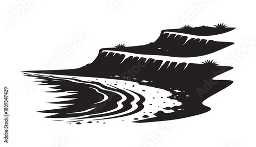 Terraced Landscape with Winding Path and Rocky Shoreline, conveying elevation, exploration, and natural beauty in black and white.