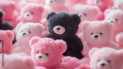Amidst a fluffy field of identical soft pink teddy bears, a single dark plush toy stands out, representing individuality and the beauty of being unique