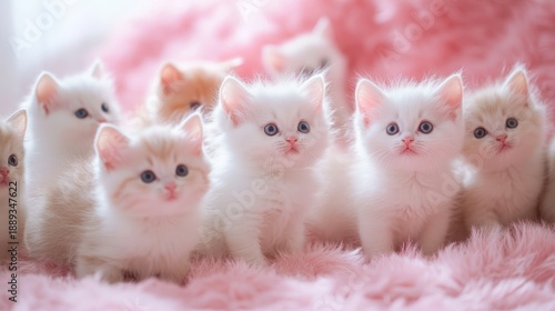 A heartwarming close-up of a fluffy litter of adorable white kittens nestled together on a soft pink furry surface, looking directly at the camera with innocent eyes