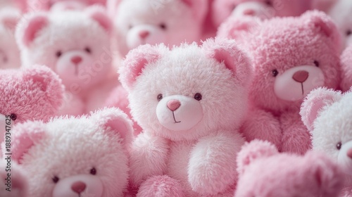 A delightful collection of soft, fluffy teddy bear toys in varying shades of pink, perfect for gifts or decor