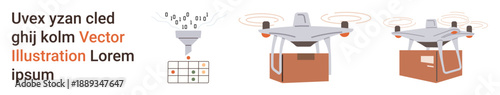 Logistics, automation, technology, data processing, e-commerce, delivery services. quadcopters carrying parcels, data filter graphic. Logistics and automation through Quadcopters and data processing