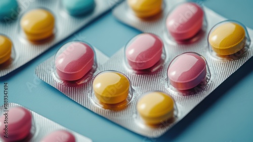 Vibrant assortment of pharmaceutical pills in organized blister packs, representing modern medicine, healthcare solutions, and wellness management for a healthy lifestyle