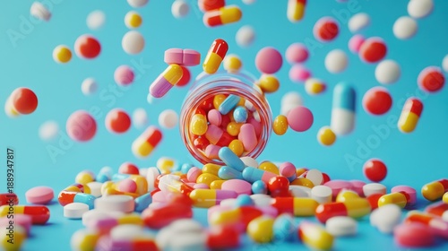 An explosion of vibrant pharmaceutical pills and capsules overflowing from a glass jar, symbolizing vital health, modern medicine, and essential treatment options