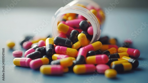 Numerous colorful pills and capsules spill from an open medical bottle, illustrating concepts of pharmaceutical care, medication access, and the broader healthcare system for wellness