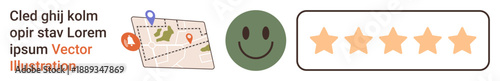 Navigation tools, feedback evaluation, customer experience, user satisfaction, location services, maps. A map with markers, happy icon and five-star rating graphic. Navigation and feedback