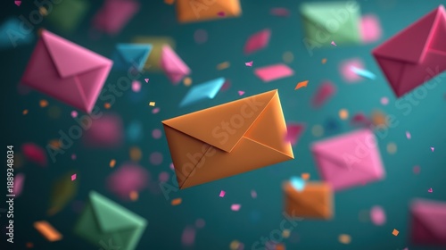 Vibrant Communication Burst Colorful Envelopes and Festive Confetti Floating Dynamically, Symbolizing Digital Messages and Celebration