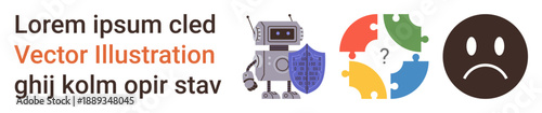 Cybersecurity, emotional expression, problem-solving, robotics, privacy, artificial intelligence. a robot with a shield, a colorful puzzle and a sad face. Cybersecurity and emotional expression idea