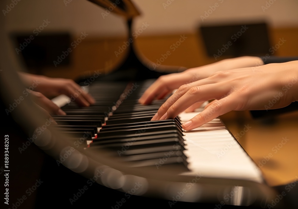 Fototapeta premium Close-up of a musician's hands playing a grand piano keyboard, highlighting artistic performance and musical practice.