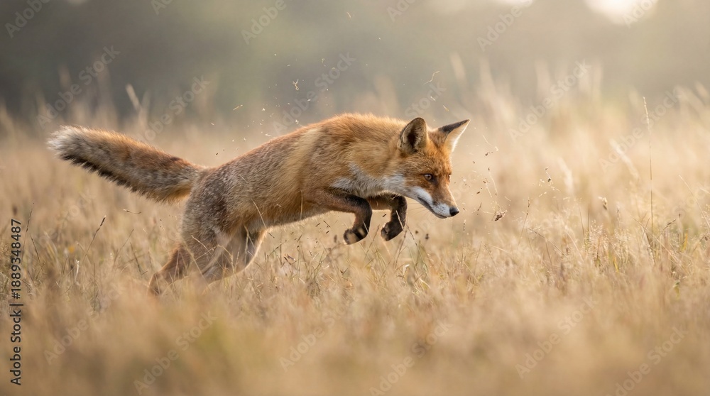 Fototapeta premium Fox Captured Mid Jump During Natural Hunting Behavior