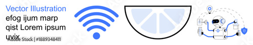 Wireless communication, technology apps, data connectivity, modern design, digital ideas, network interface. wireless signal, semicircle shape and robotic graphic. Wireless communication