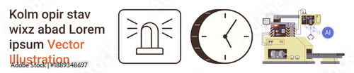 Artificial intelligence, emergency notifications, time management, automation, digital tools, industrial systems. Icon of alarm symbol, clock and AI technology machinery with text. AI technology
